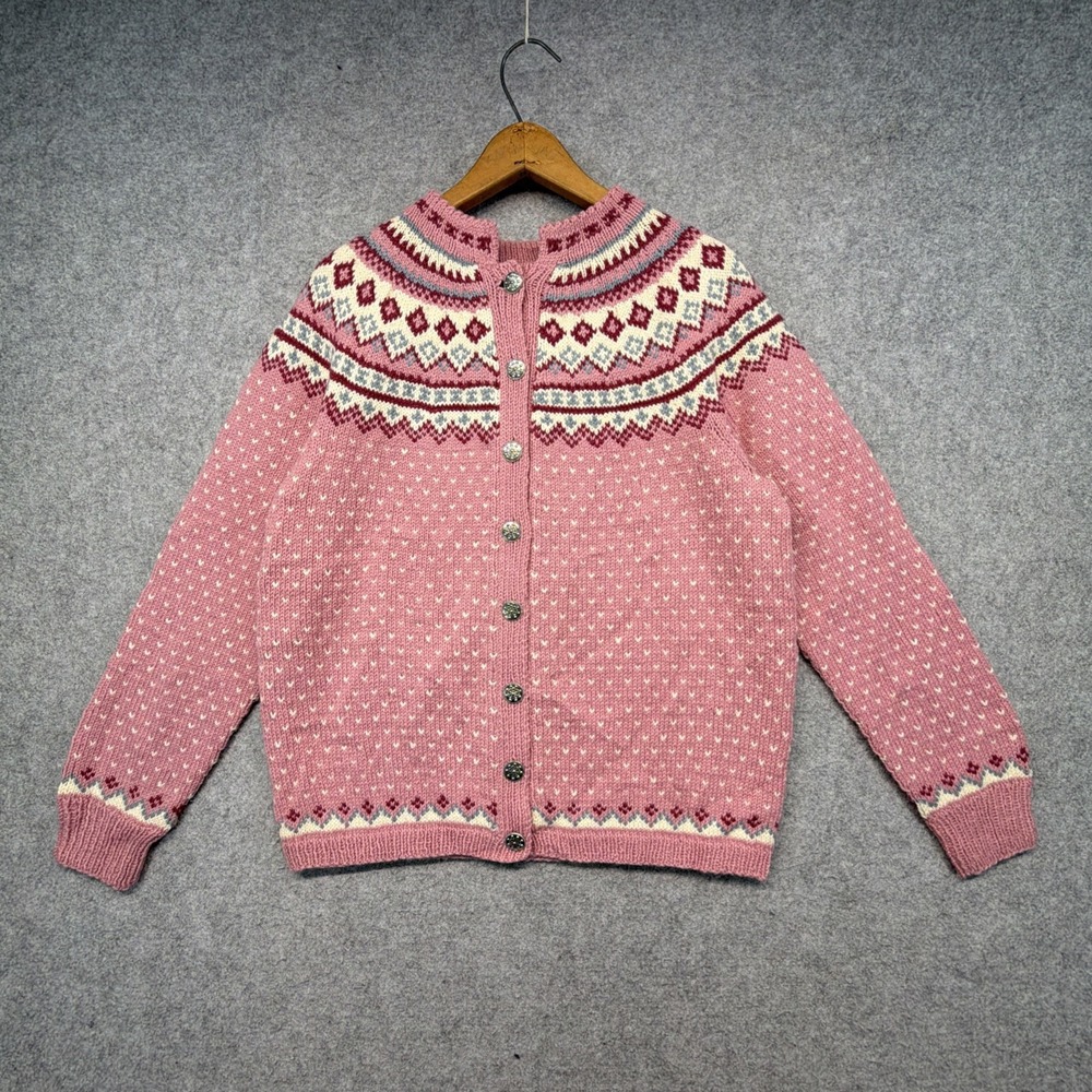 Husfliden Hand Knit Norwegian Wool Cardigan Women's Medium Pink Nordic Fair Isle